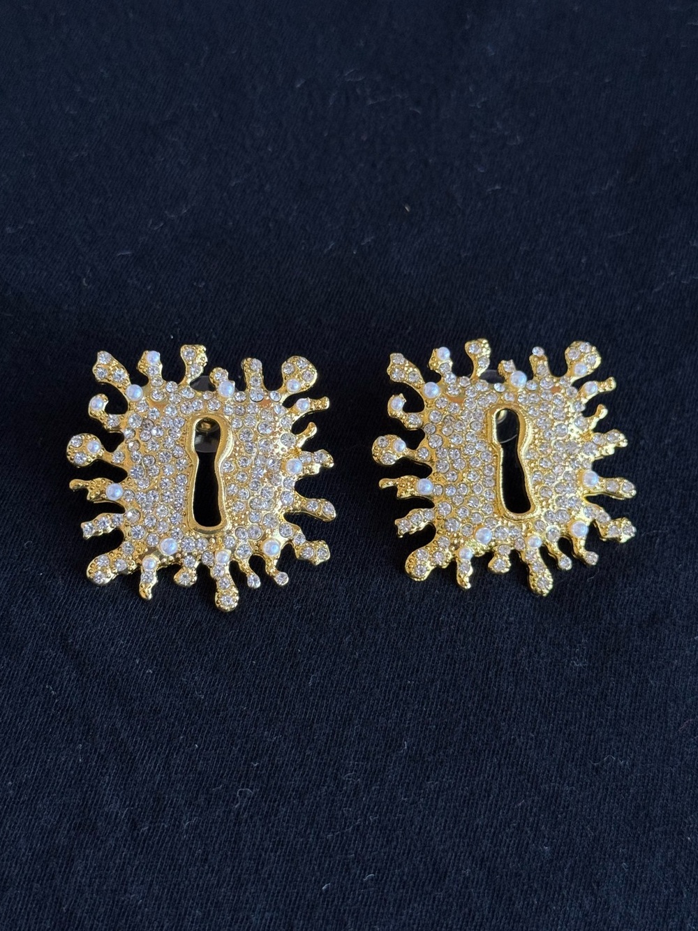 Schiaparelli Inspired Gold Crystal Keyhole Sunburst Stud Earrings